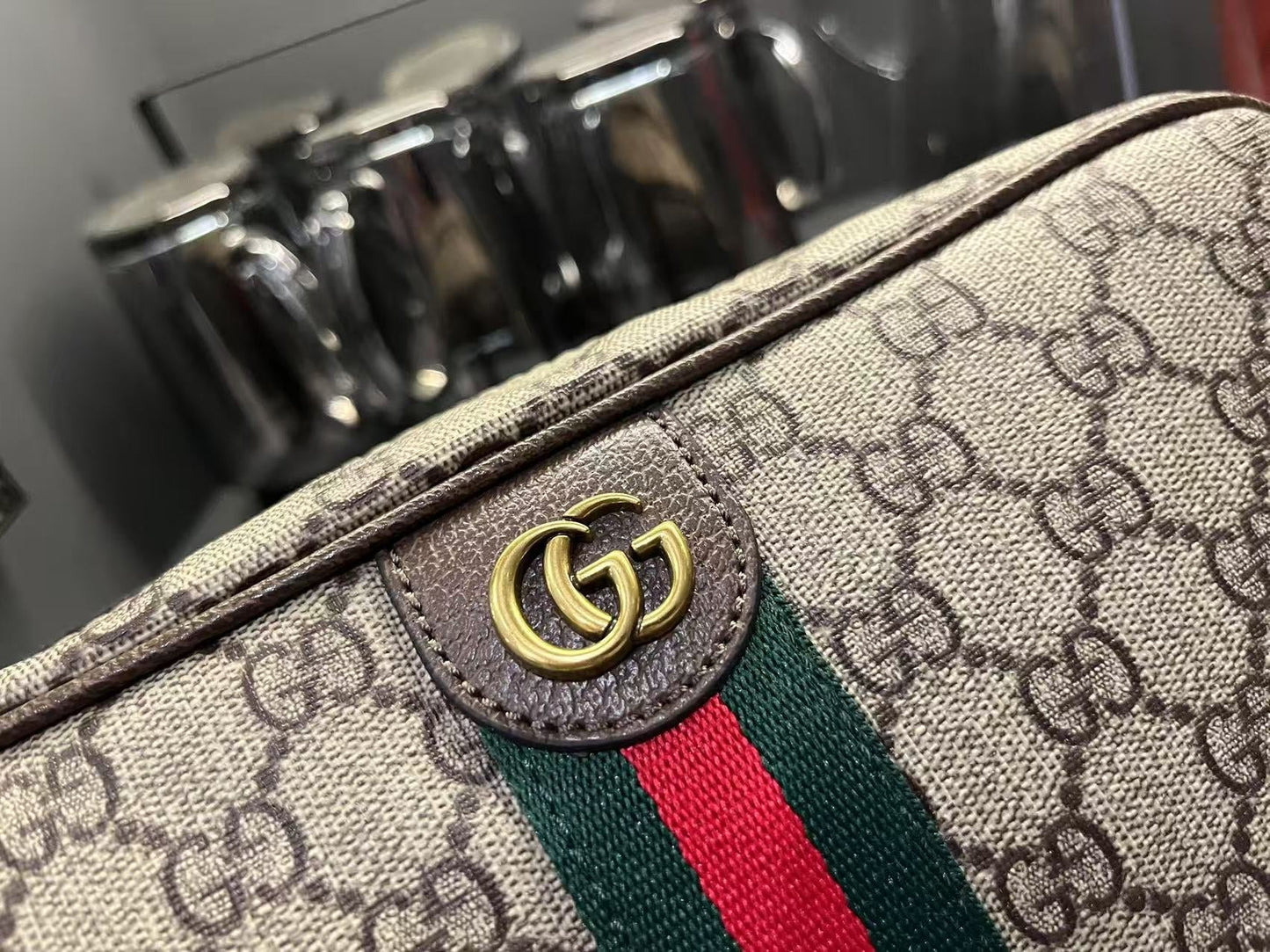 Gucci Ophidia Medium GG Supreme Canvas Shoulder Crossbody Bag with Web Stripe and Leather Trim (23.9 x 15 x 3.8) cm