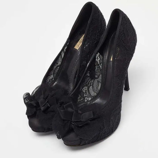 Dolce & Gabbana Black Floral Lace Bow Platform Peep Toe Pumps